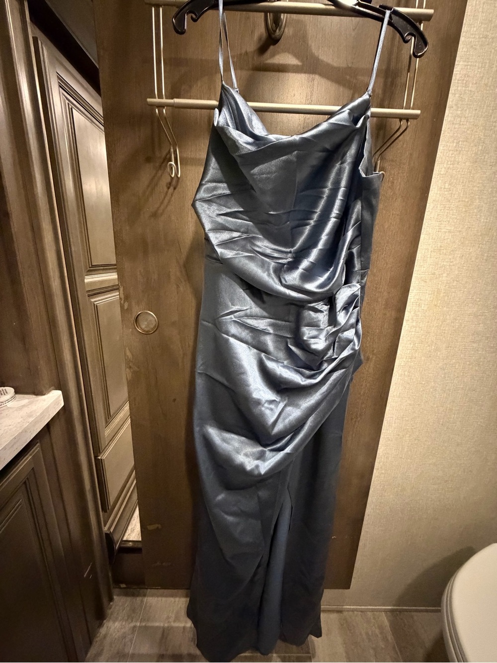 Birdy Grey Satin Cowl Slip Dress in Slate Blue